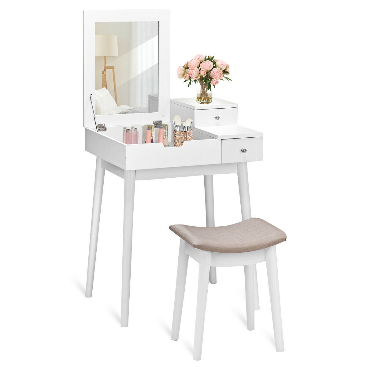 Vanity Dressing Table Set Flip Mirror Desk Furniture Stool, White - Gallery Canada