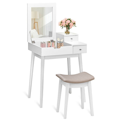 Vanity Dressing Table Set Flip Mirror Desk Furniture Stool, White - Gallery Canada