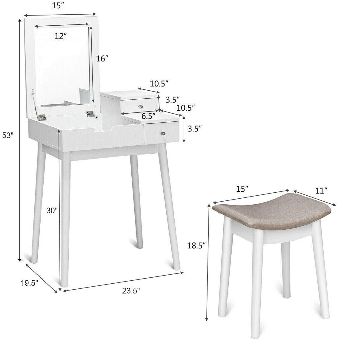 Vanity Dressing Table Set Flip Mirror Desk Furniture Stool, White - Gallery Canada