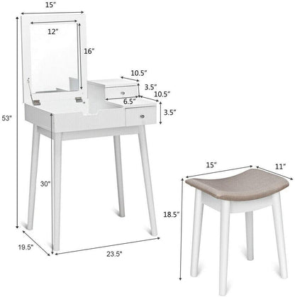 Vanity Dressing Table Set Flip Mirror Desk Furniture Stool, White - Gallery Canada