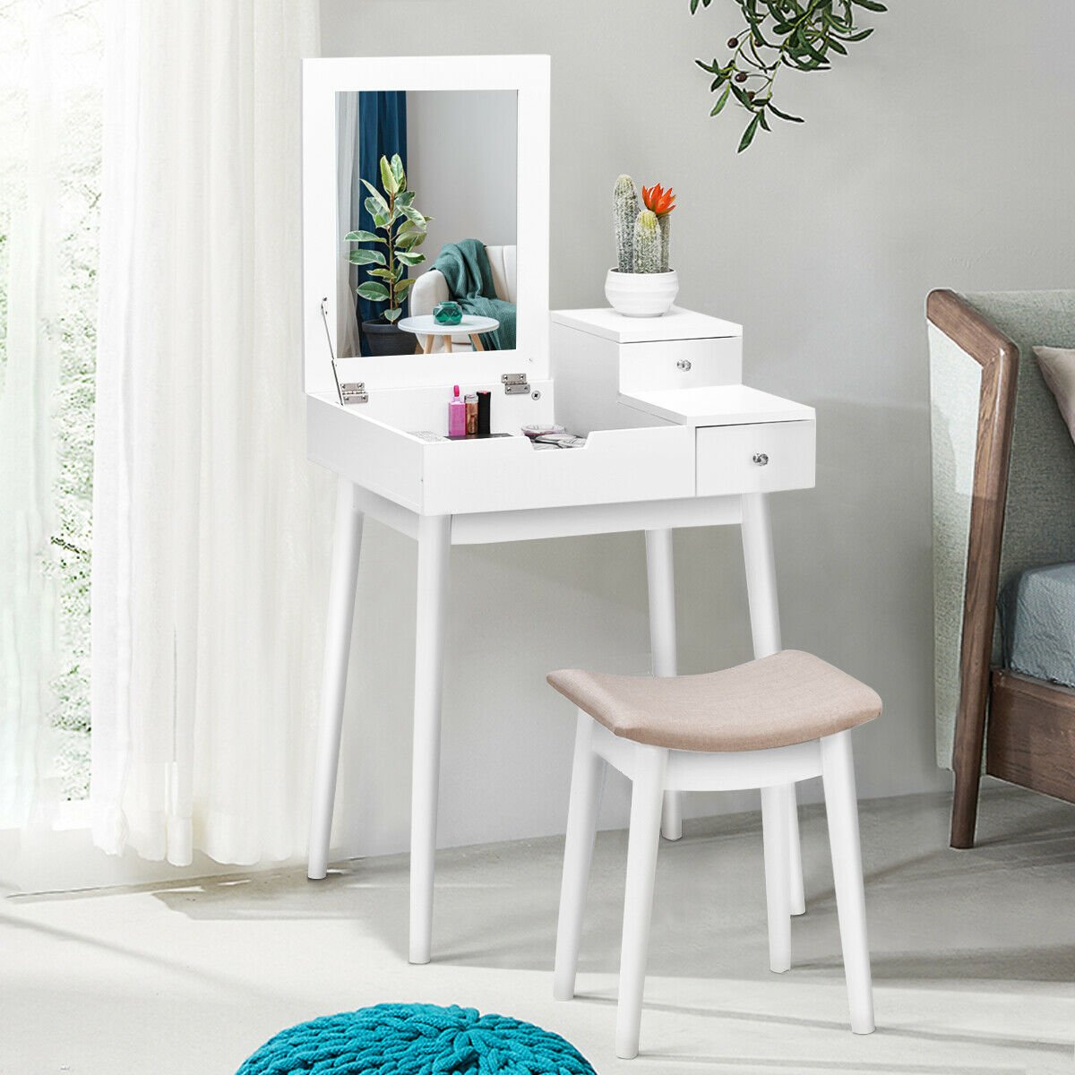 Vanity Dressing Table Set Flip Mirror Desk Furniture Stool, White - Gallery Canada