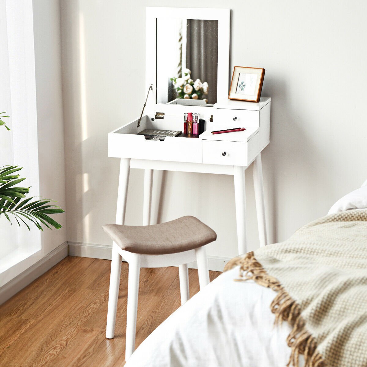 Vanity Dressing Table Set Flip Mirror Desk Furniture Stool, White - Gallery Canada