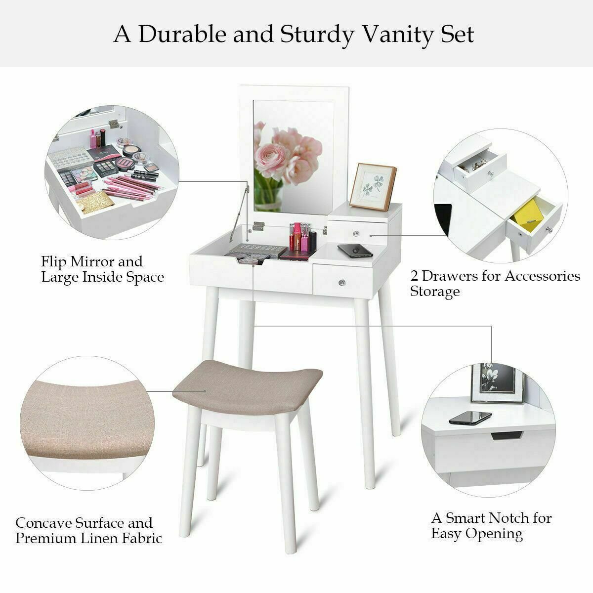 Vanity Dressing Table Set Flip Mirror Desk Furniture Stool, White - Gallery Canada