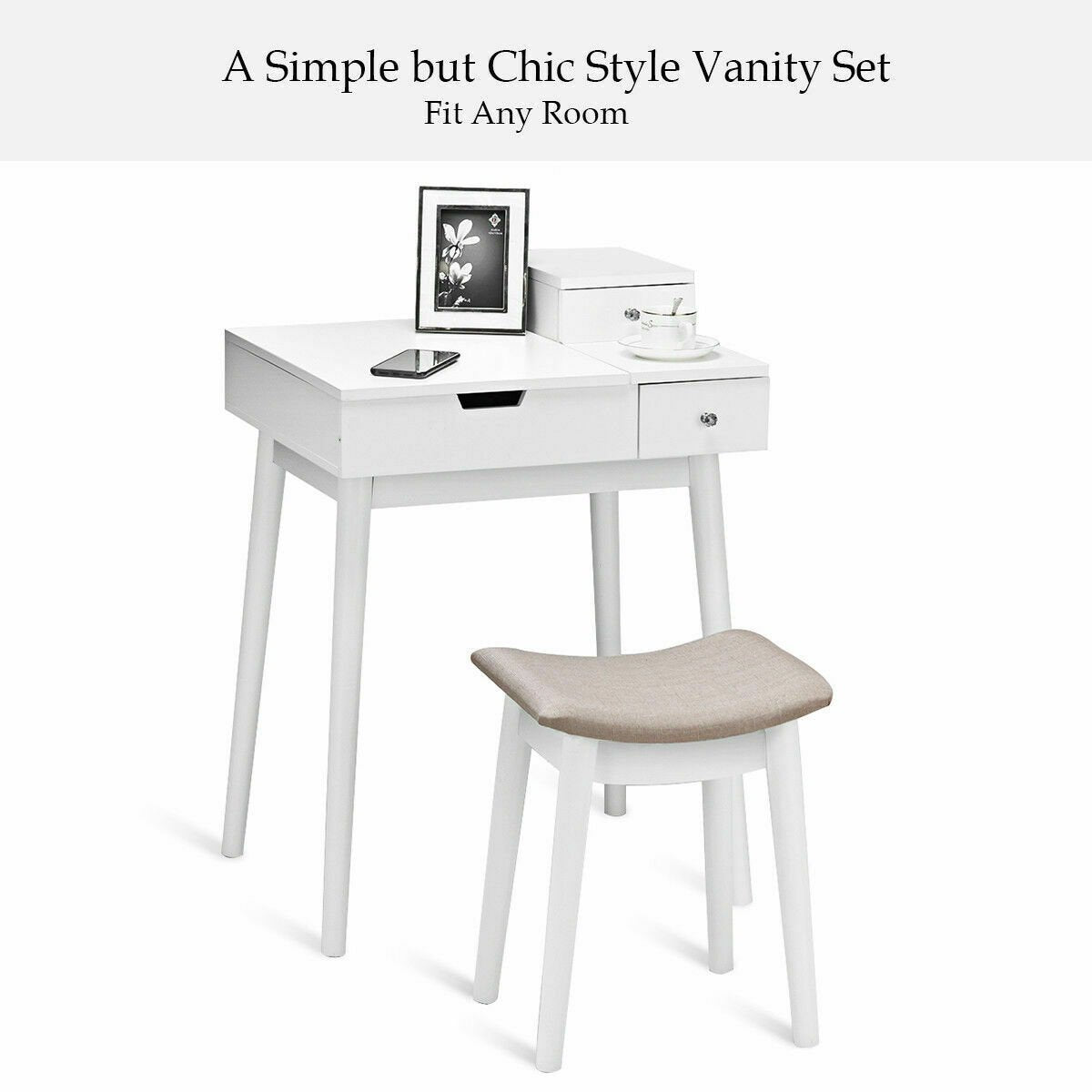 Vanity Dressing Table Set Flip Mirror Desk Furniture Stool, White - Gallery Canada