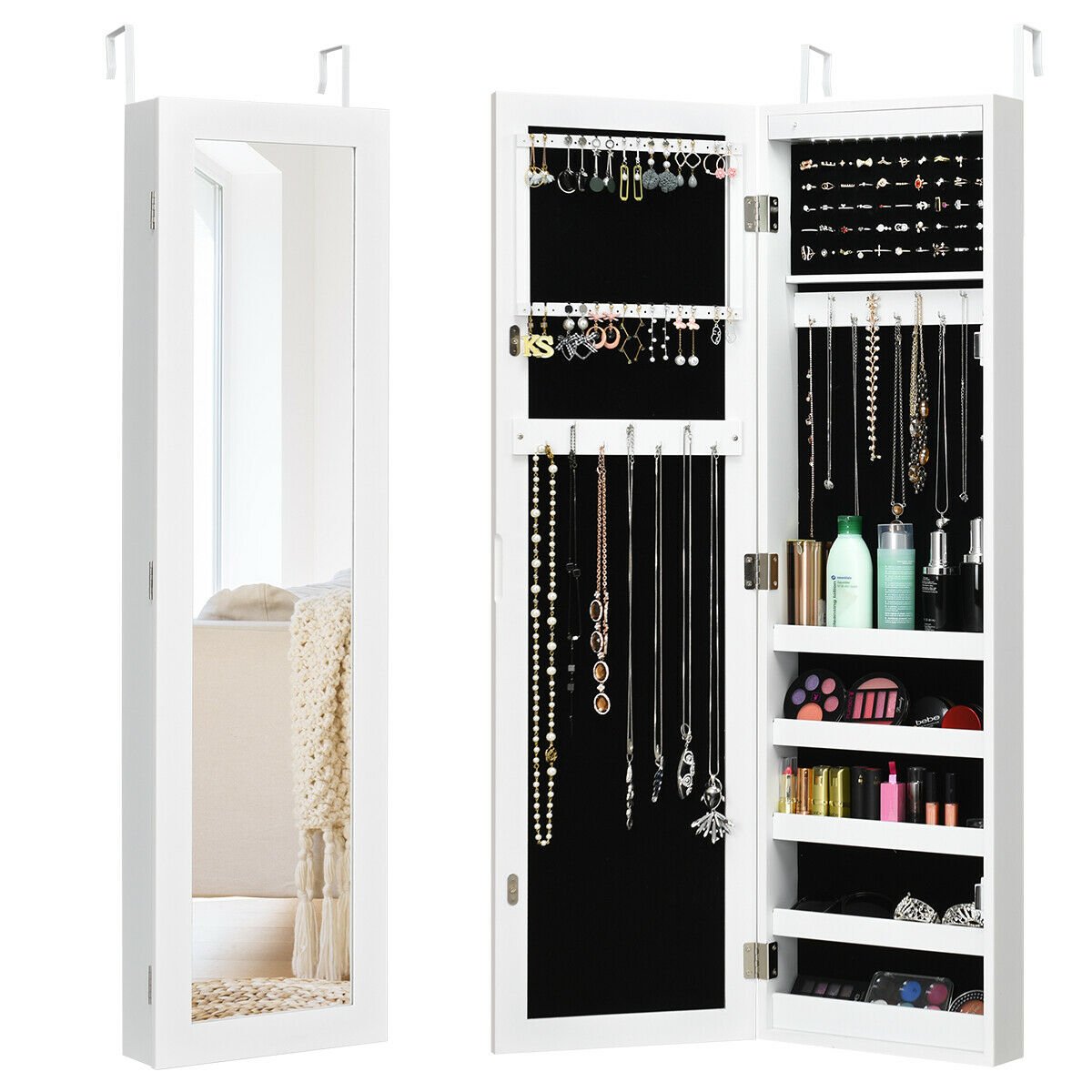 Wall And Door Mirrored Jewelry Cabinet With LED Light, White Jewelry Armoires   at Gallery Canada