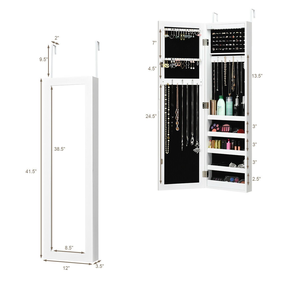 Wall And Door Mirrored Jewelry Cabinet With LED Light, White Jewelry Armoires   at Gallery Canada