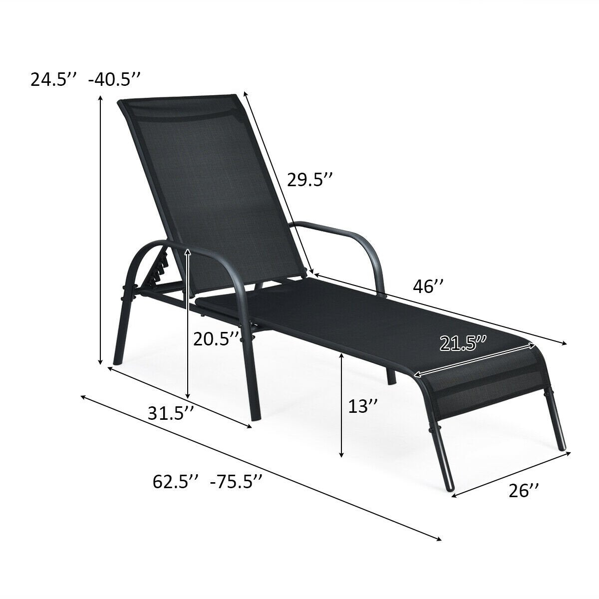 Adjustable Patio Chaise Folding Lounge Chair with Backrest, Black Outdoor Chaise Lounges   at Gallery Canada