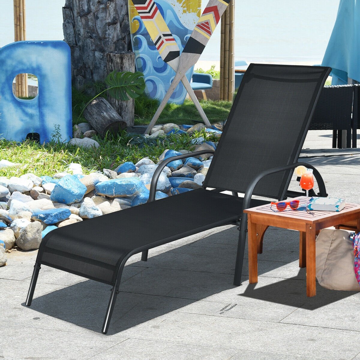 Adjustable Patio Chaise Folding Lounge Chair with Backrest, Black Outdoor Chaise Lounges   at Gallery Canada