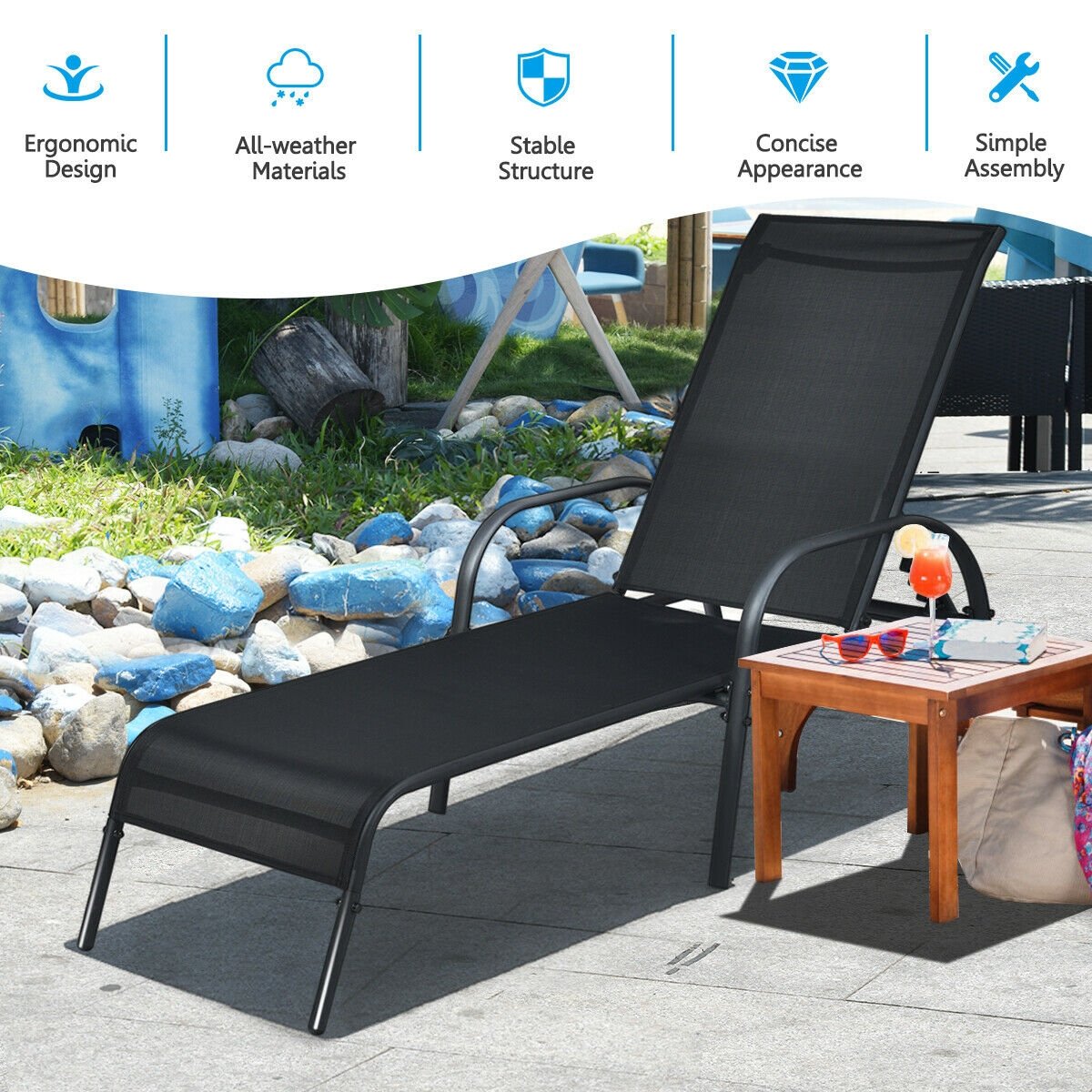 Adjustable Patio Chaise Folding Lounge Chair with Backrest, Black Outdoor Chaise Lounges   at Gallery Canada