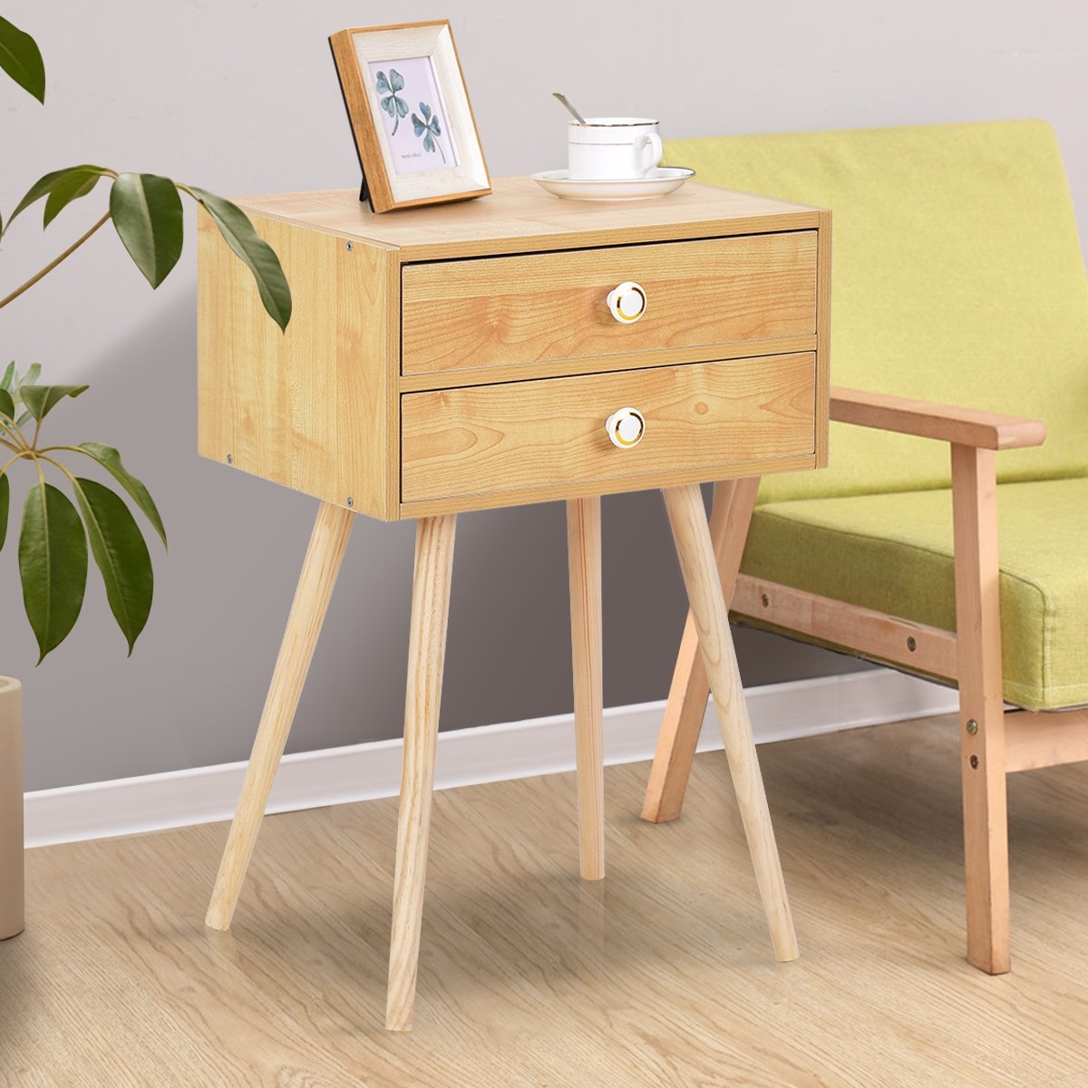 Mid Century Modern 2 Drawers Nightstand, Natural Nightstands   at Gallery Canada