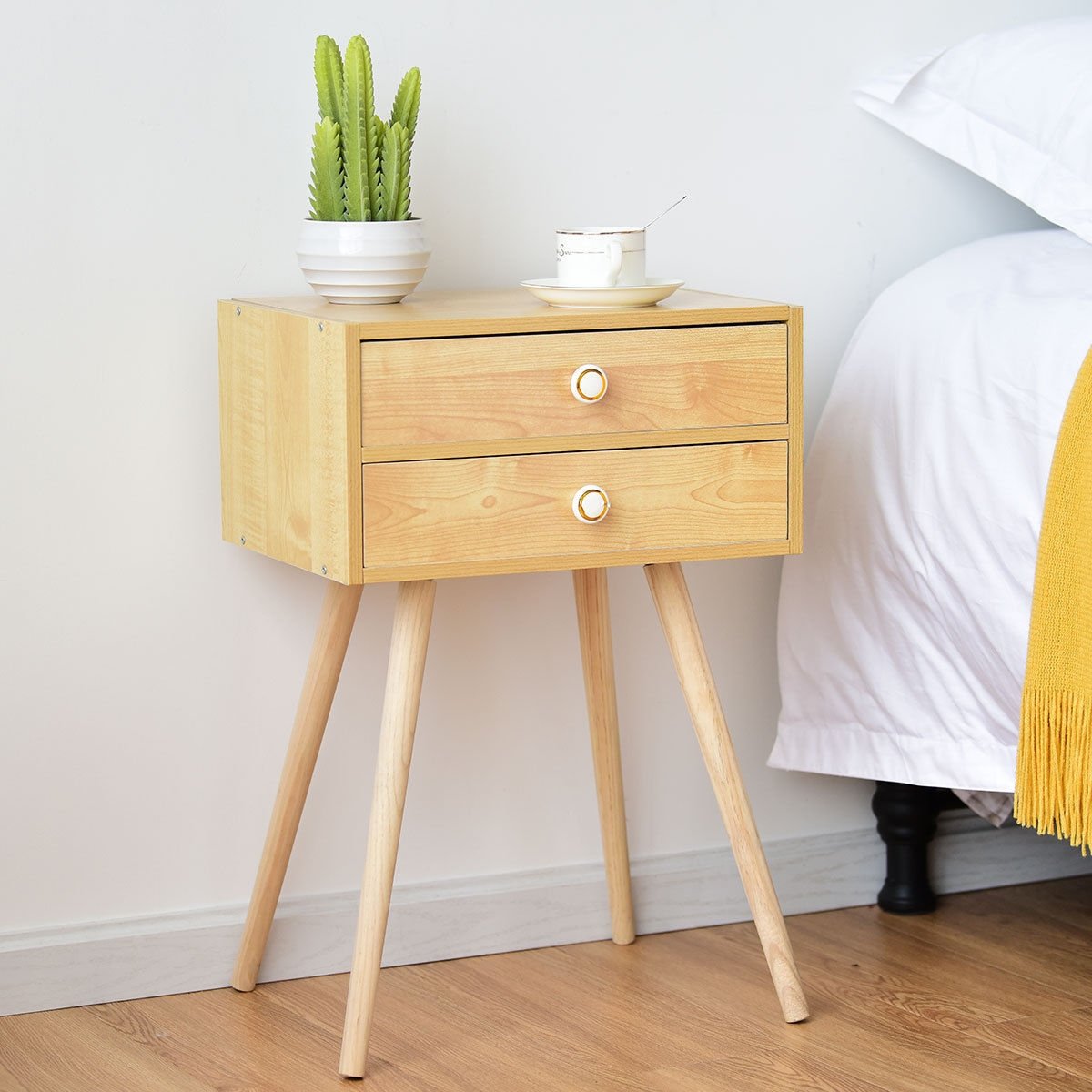 Mid Century Modern 2 Drawers Nightstand, Natural Nightstands   at Gallery Canada