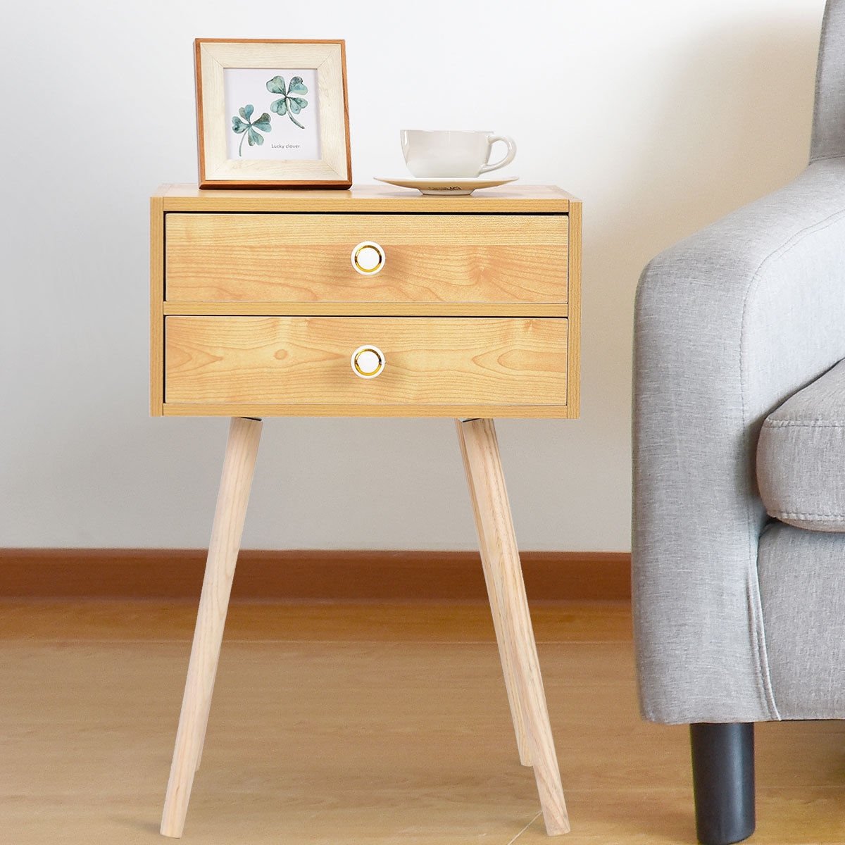 Mid Century Modern 2 Drawers Nightstand, Natural Nightstands   at Gallery Canada