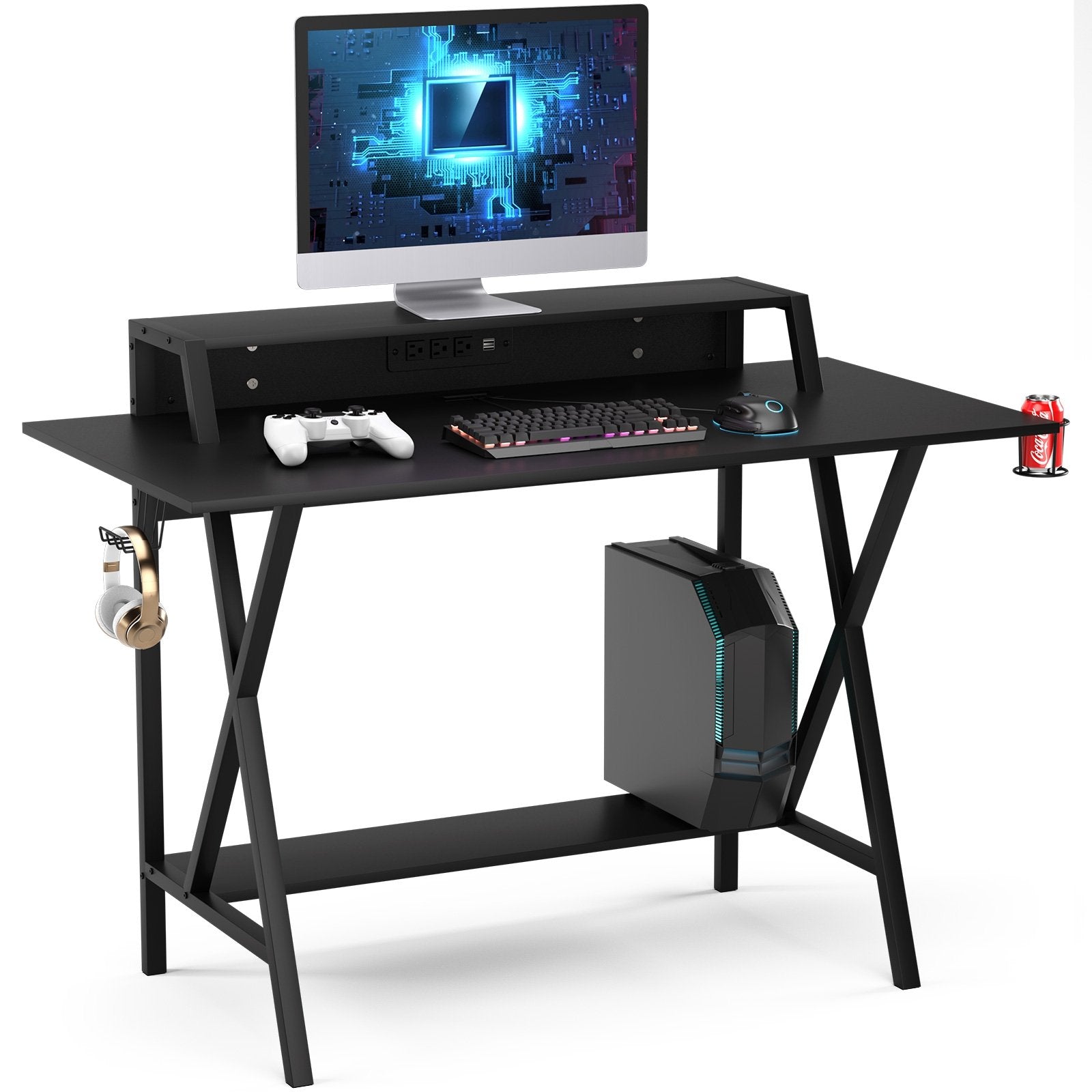 All-in-One Professional Gaming Desk with Cup and Headphone Holder, Black Gaming Desks   at Gallery Canada