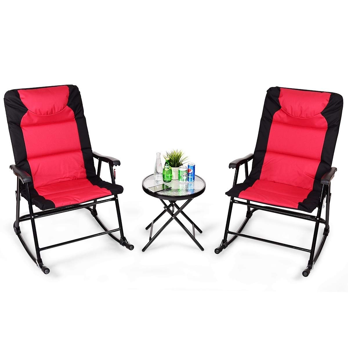 3 Pieces Outdoor Folding Rocking Chair Table Set with Cushion, Red Patio Conversation Sets   at Gallery Canada