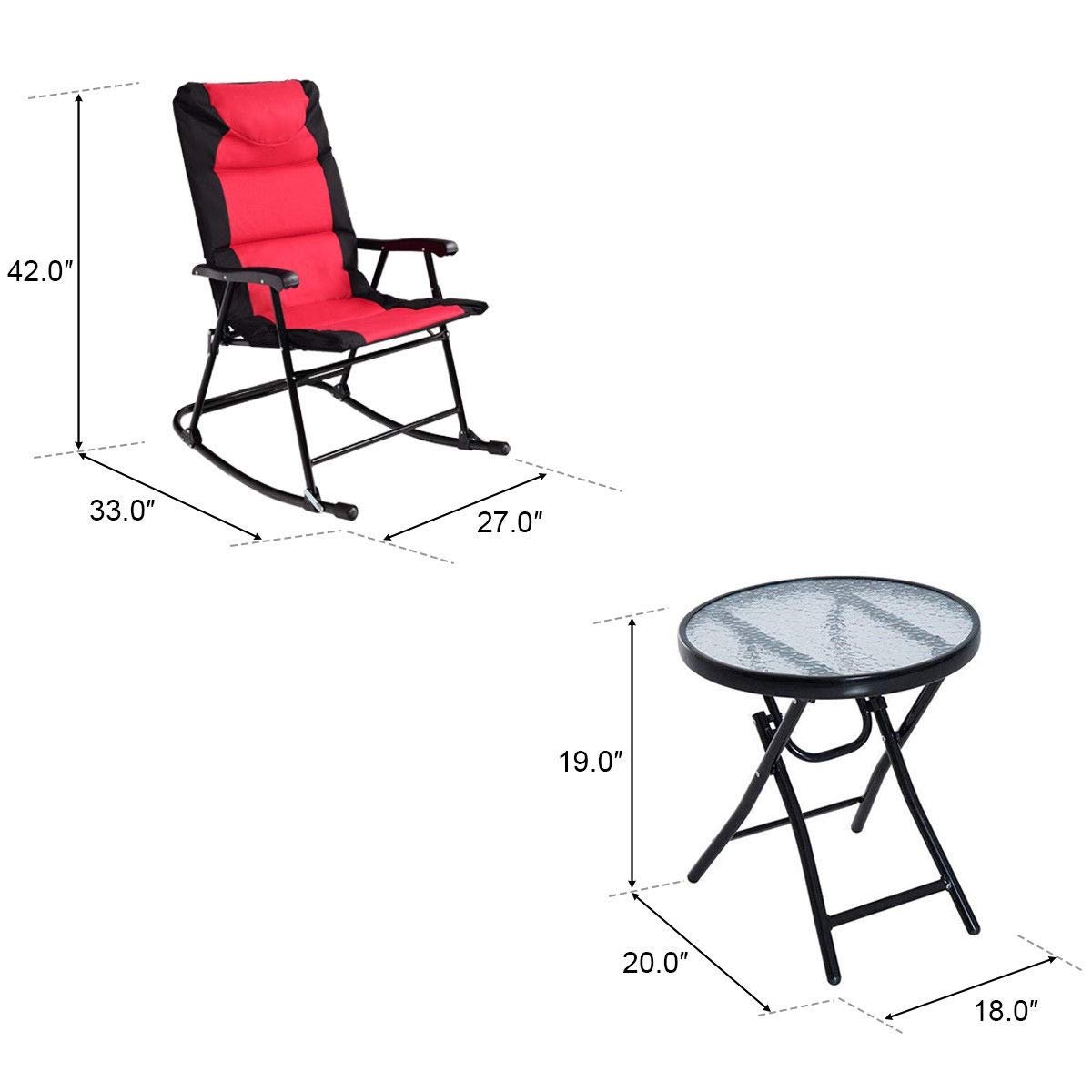 3 Pieces Outdoor Folding Rocking Chair Table Set with Cushion, Red Patio Conversation Sets   at Gallery Canada