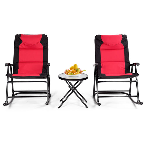 3 Pieces Outdoor Folding Rocking Chair Table Set with Cushion, Red