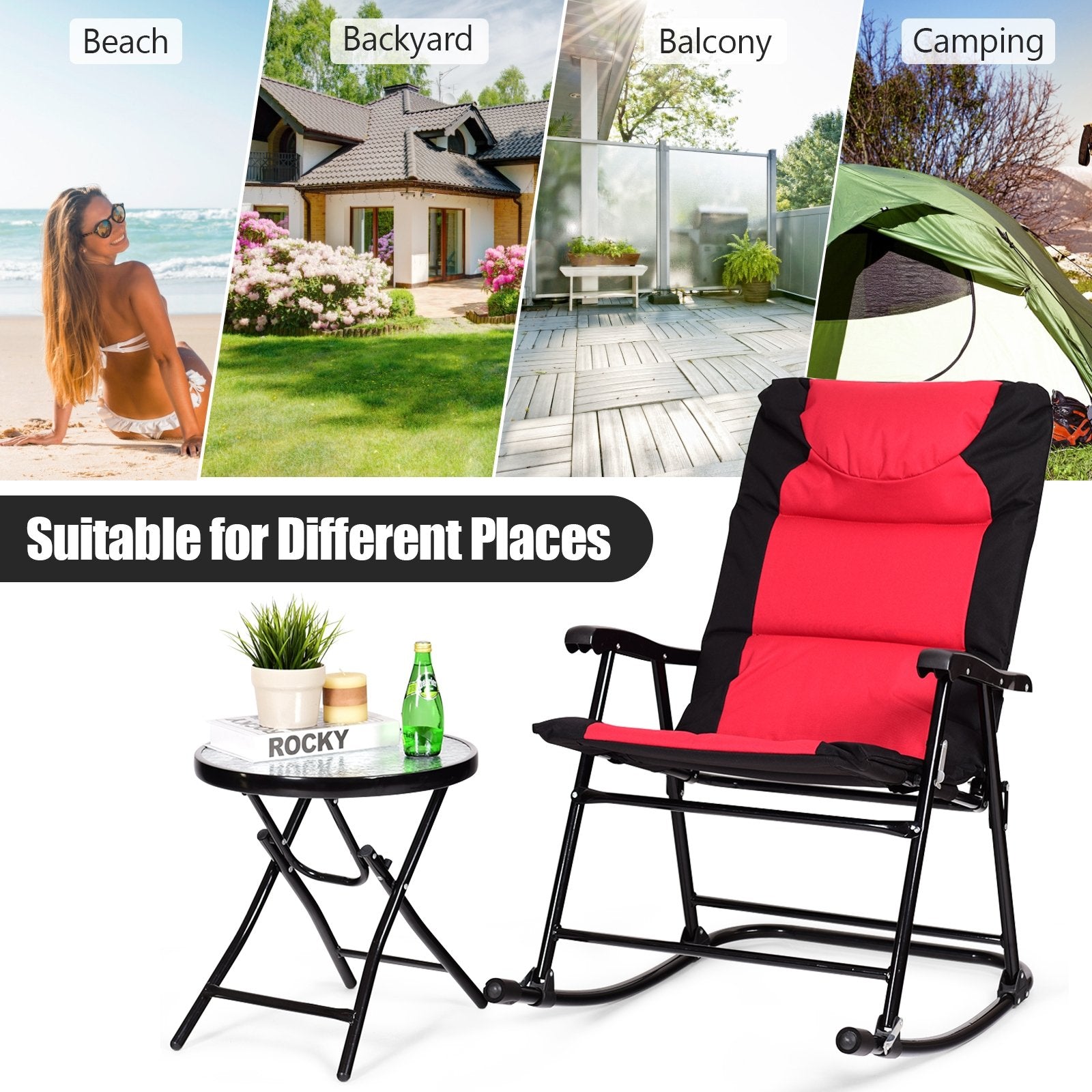 3 Pieces Outdoor Folding Rocking Chair Table Set with Cushion, Red Patio Conversation Sets   at Gallery Canada