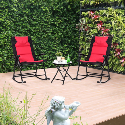 3 Pieces Outdoor Folding Rocking Chair Table Set with Cushion, Red