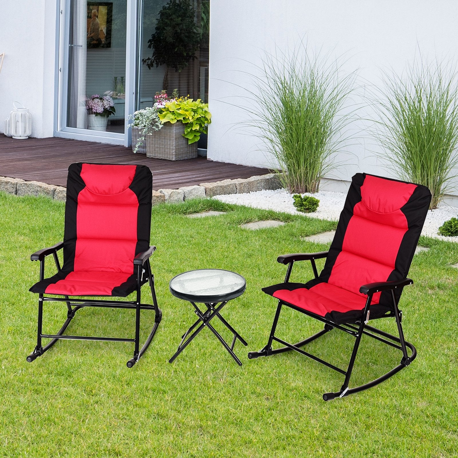 3 Pieces Outdoor Folding Rocking Chair Table Set with Cushion, Red Patio Conversation Sets   at Gallery Canada