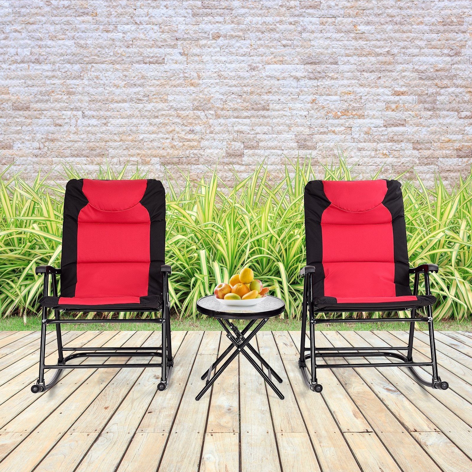 3 Pieces Outdoor Folding Rocking Chair Table Set with Cushion, Red Patio Conversation Sets   at Gallery Canada