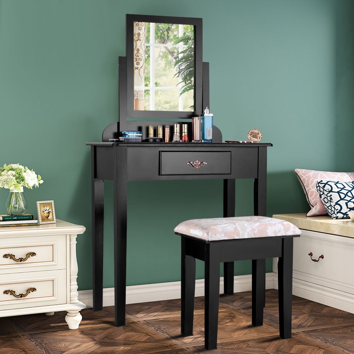 Vanity Dressing Table Stool Set with Large Makeup Mirror, Black Makeup Vanities   at Gallery Canada