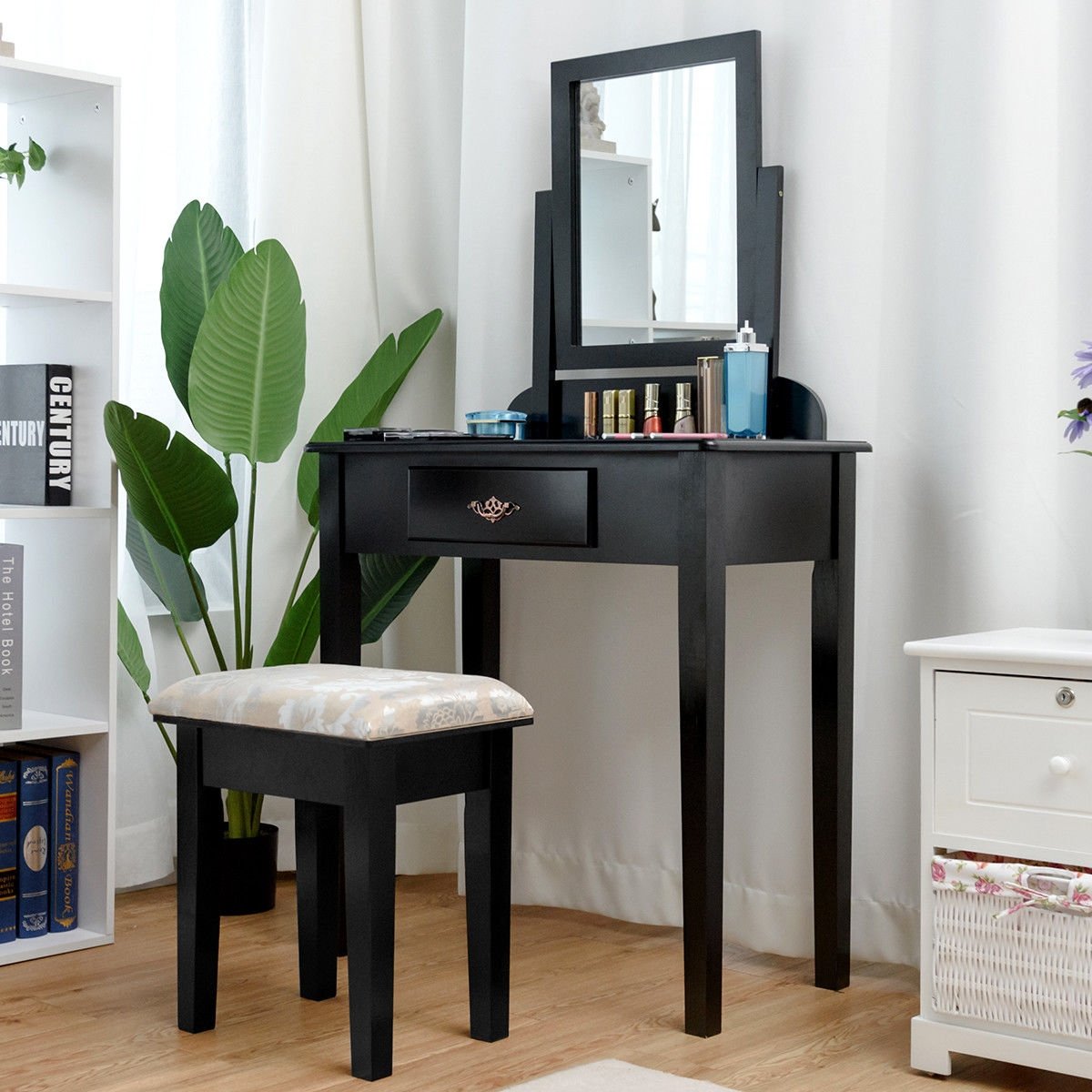 Vanity Dressing Table Stool Set with Large Makeup Mirror, Black Makeup Vanities   at Gallery Canada