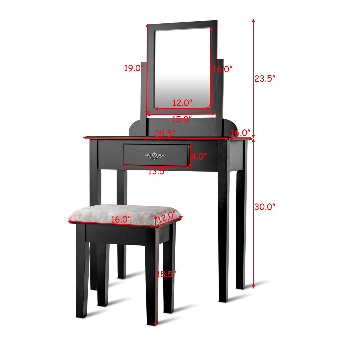 Vanity Dressing Table Stool Set with Large Makeup Mirror, Black Makeup Vanities   at Gallery Canada