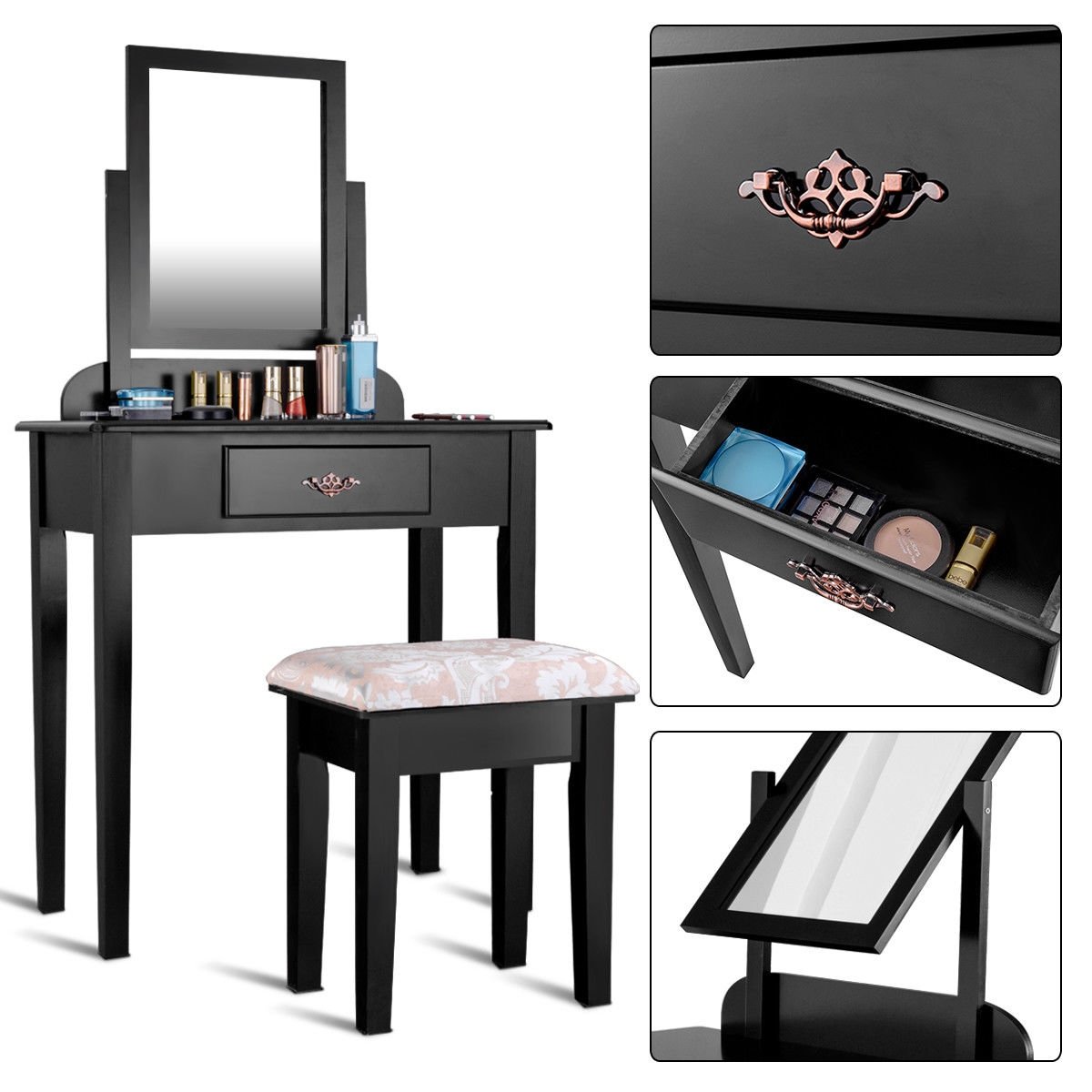 Vanity Dressing Table Stool Set with Large Makeup Mirror, Black Makeup Vanities   at Gallery Canada