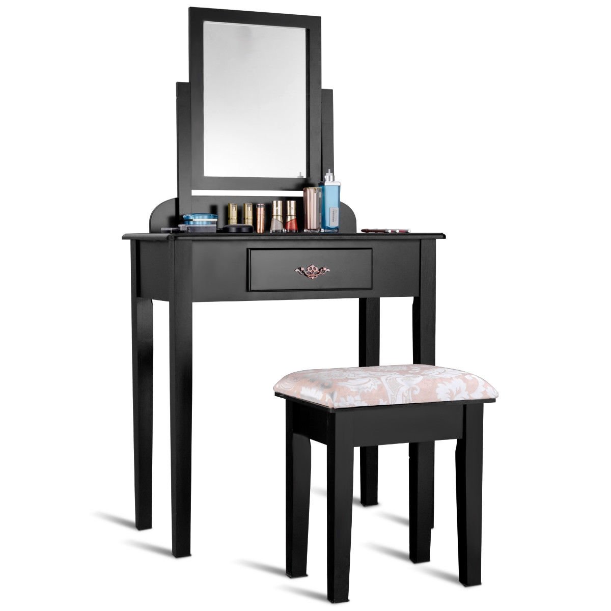 Vanity Dressing Table Stool Set with Large Makeup Mirror, Black Makeup Vanities   at Gallery Canada