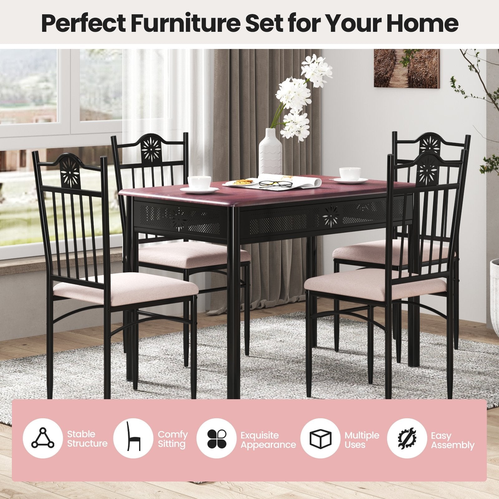 5 Pieces Dining Set Wood Metal Table and 4 Chairs with Cushions, Beige Dining Room Sets   at Gallery Canada