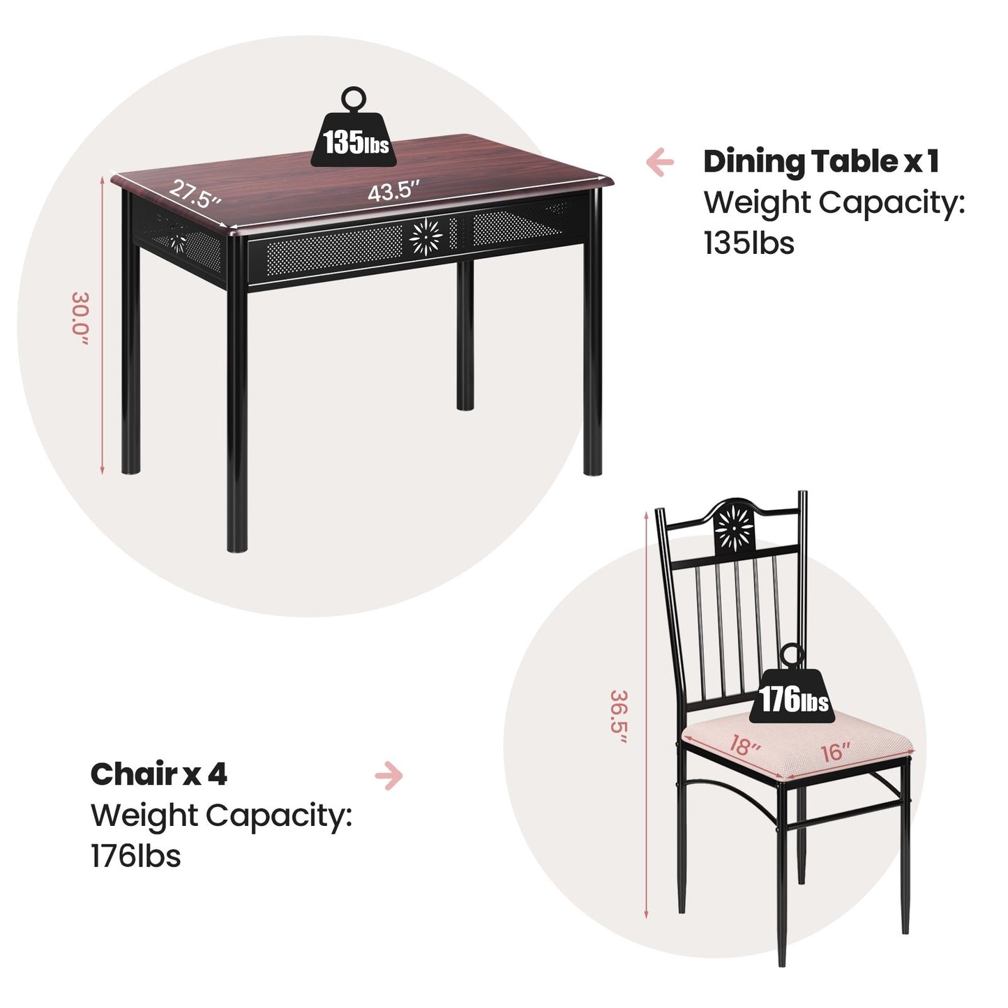 5 Pieces Dining Set Wood Metal Table and 4 Chairs with Cushions, Beige Dining Room Sets   at Gallery Canada