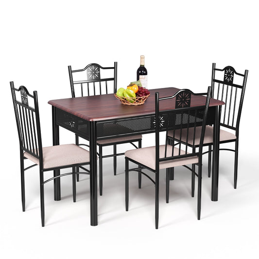 5 Pieces Dining Set Wood Metal Table and 4 Chairs with Cushions, Beige - Gallery Canada