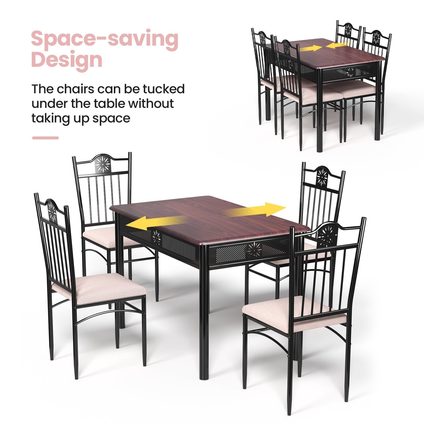 5 Pieces Dining Set Wood Metal Table and 4 Chairs with Cushions, Beige Dining Room Sets   at Gallery Canada