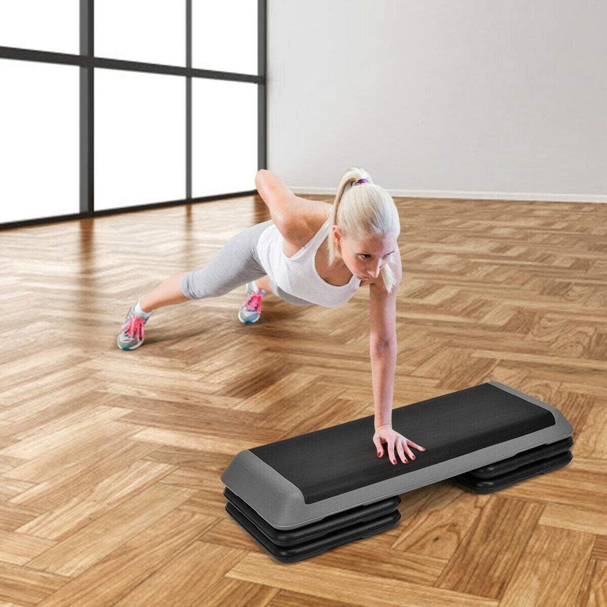 43 Inch Height Adjustable Fitness Aerobic Step with Risers, Gray Sport Equipments   at Gallery Canada