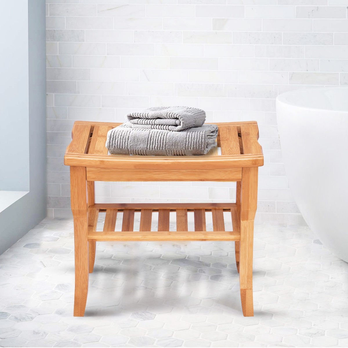 Bathroom Bamboo Shower Chair Bench with Storage Shelf, Natural Bath Safety   at Gallery Canada