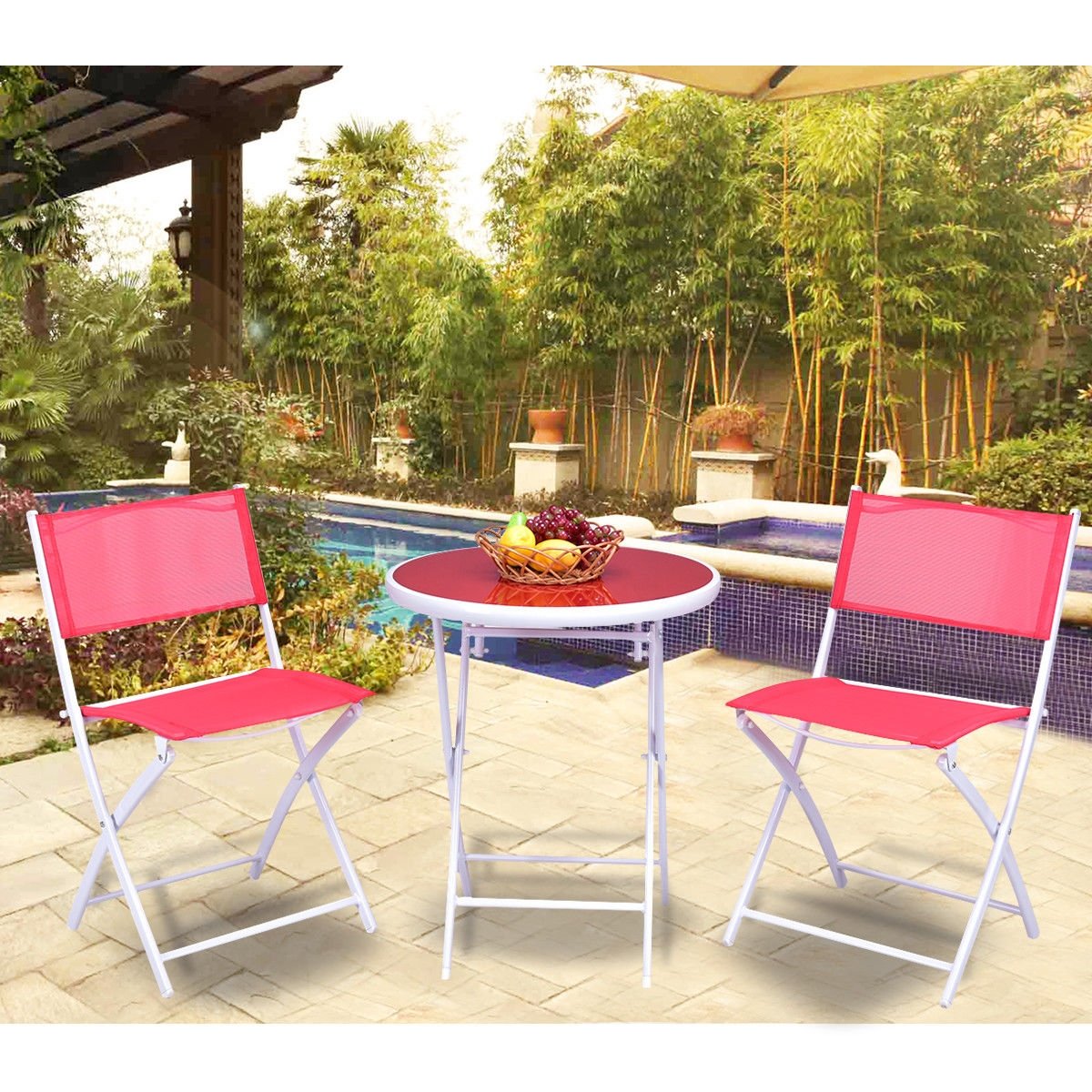 3 Pieces Patio Folding Bistro Set for Balcony or Outdoor Space, Red Patio Conversation Sets   at Gallery Canada