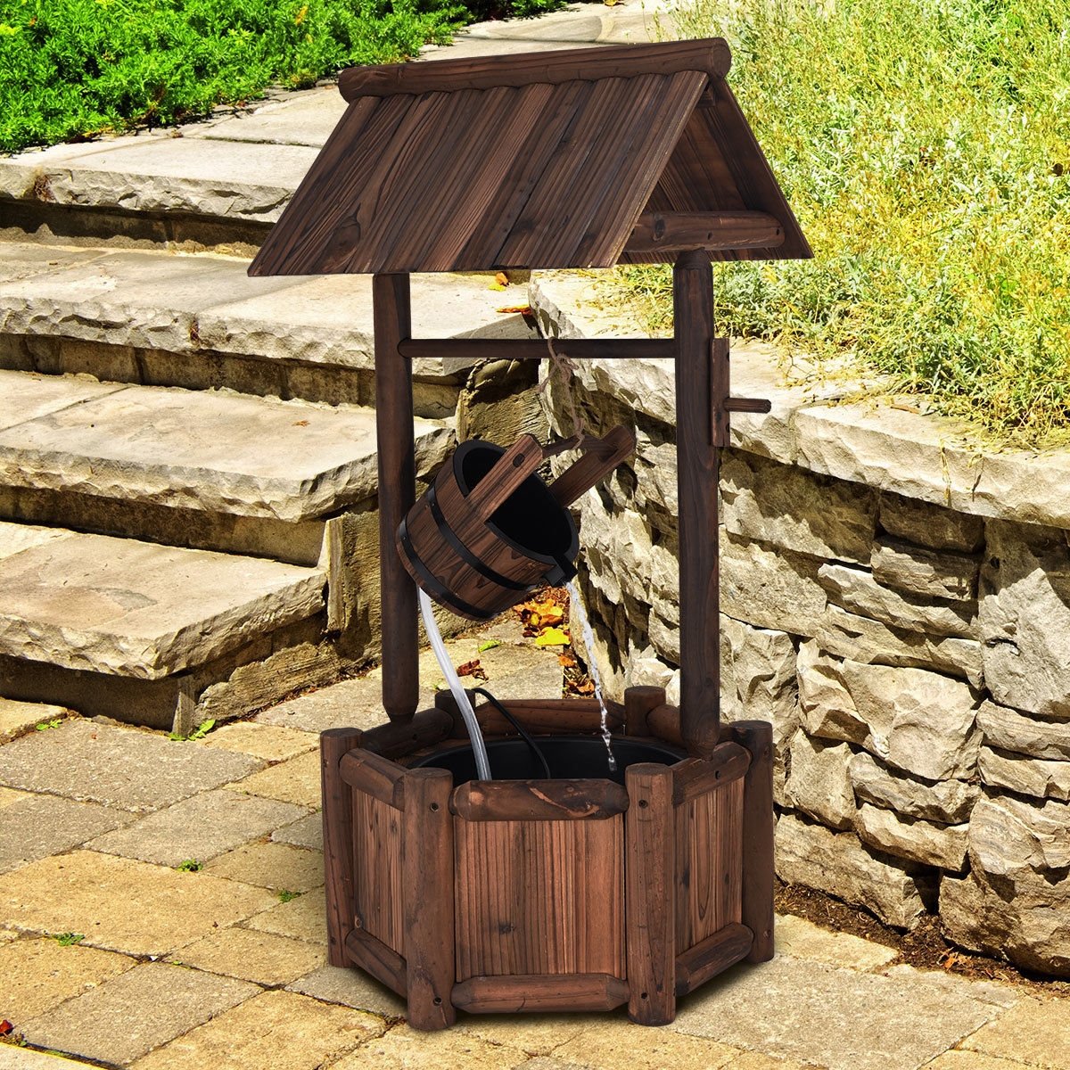 Garden Wooden Wishing Water Fountain with Pump, Brown Outdoor Decor   at Gallery Canada