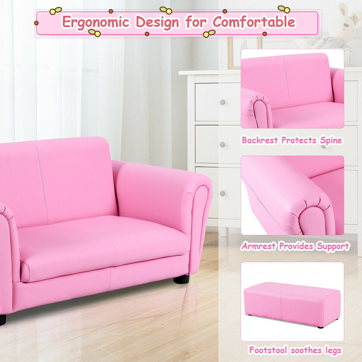 Soft Kids Double Sofa with Ottoman, Pink Kids Chairs & Seating   at Gallery Canada