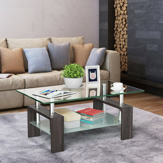 Rectangular Tempered Glass Coffee Table with Shelf, Black Coffee Tables Black  at Gallery Canada