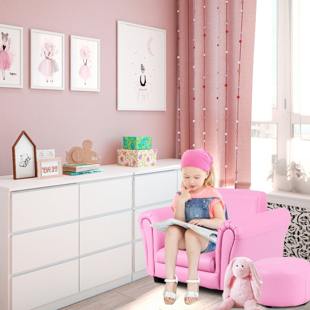 Kids Single Armrest Couch Sofa with Ottoman, Pink Kids Chairs & Seating   at Gallery Canada