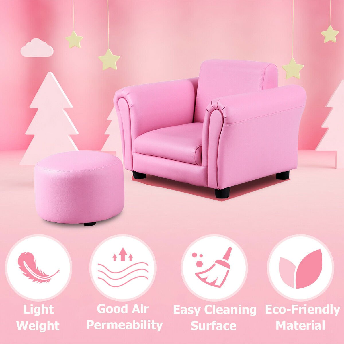 Kids Single Armrest Couch Sofa with Ottoman, Pink Kids Chairs & Seating   at Gallery Canada