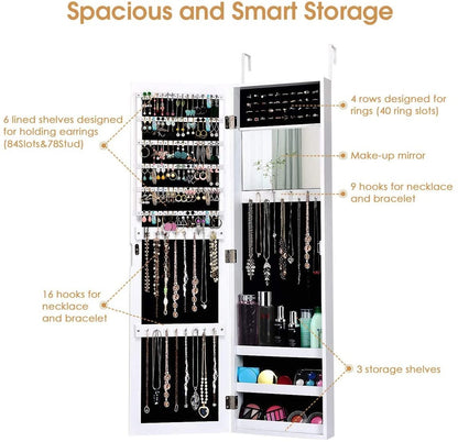 Wall Door Mounted Mirrored Jewelry Cabinet Storage Organizer, White Jewelry Armoires   at Gallery Canada