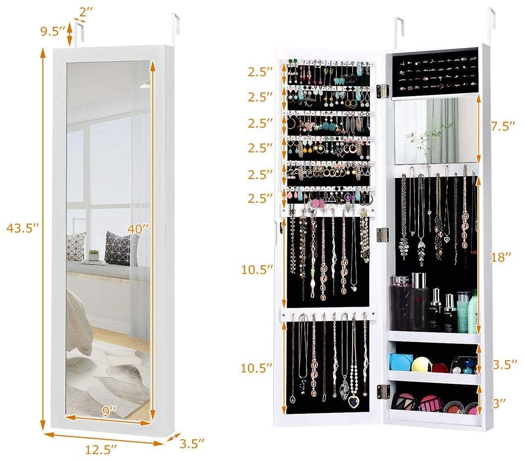 Wall Door Mounted Mirrored Jewelry Cabinet Storage Organizer, White Jewelry Armoires   at Gallery Canada