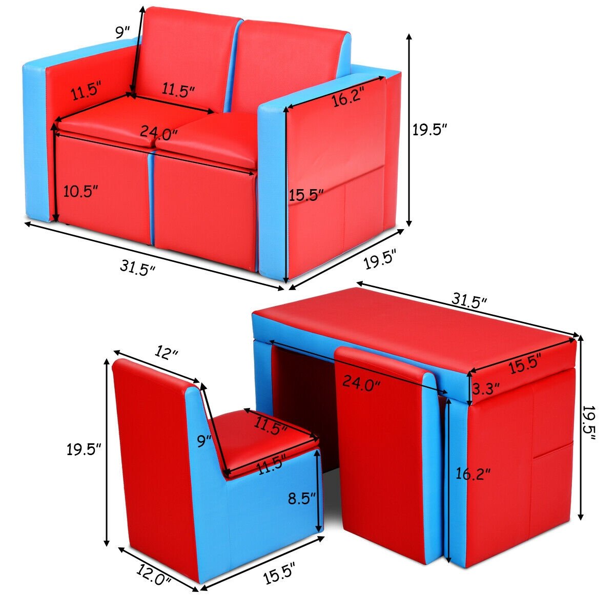 Multi-functional Kids Sofa Table Chair Set, Red Kids Table & Chair Sets   at Gallery Canada