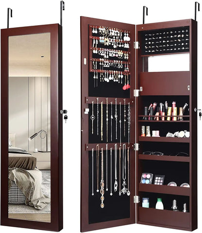 Lockable Wall Door Mounted Mirror Jewelry Cabinet with LED Lights, Brown Jewelry Armoires   at Gallery Canada