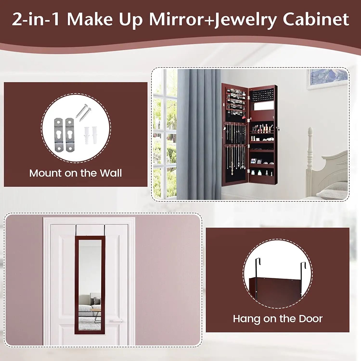 Lockable Wall Door Mounted Mirror Jewelry Cabinet with LED Lights, Brown Jewelry Armoires   at Gallery Canada