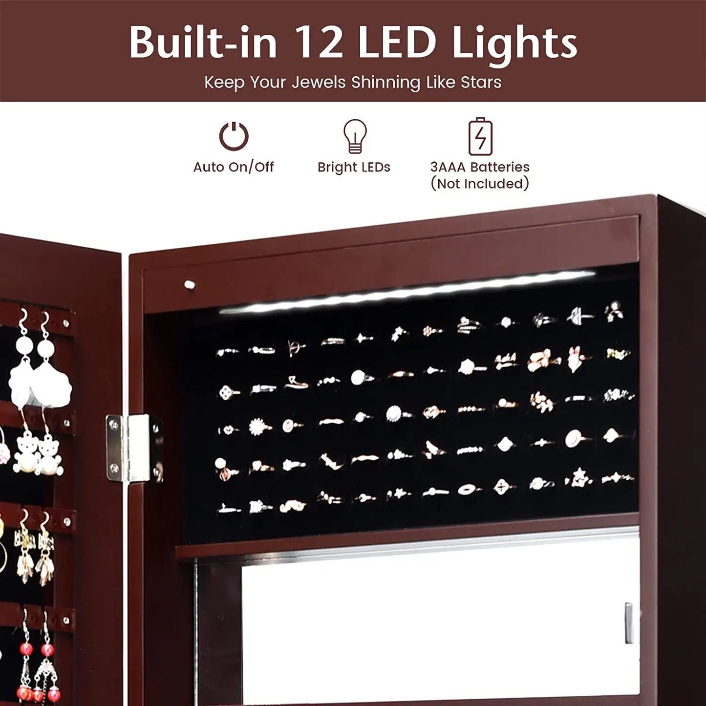 Lockable Wall Door Mounted Mirror Jewelry Cabinet with LED Lights, Brown Jewelry Armoires   at Gallery Canada