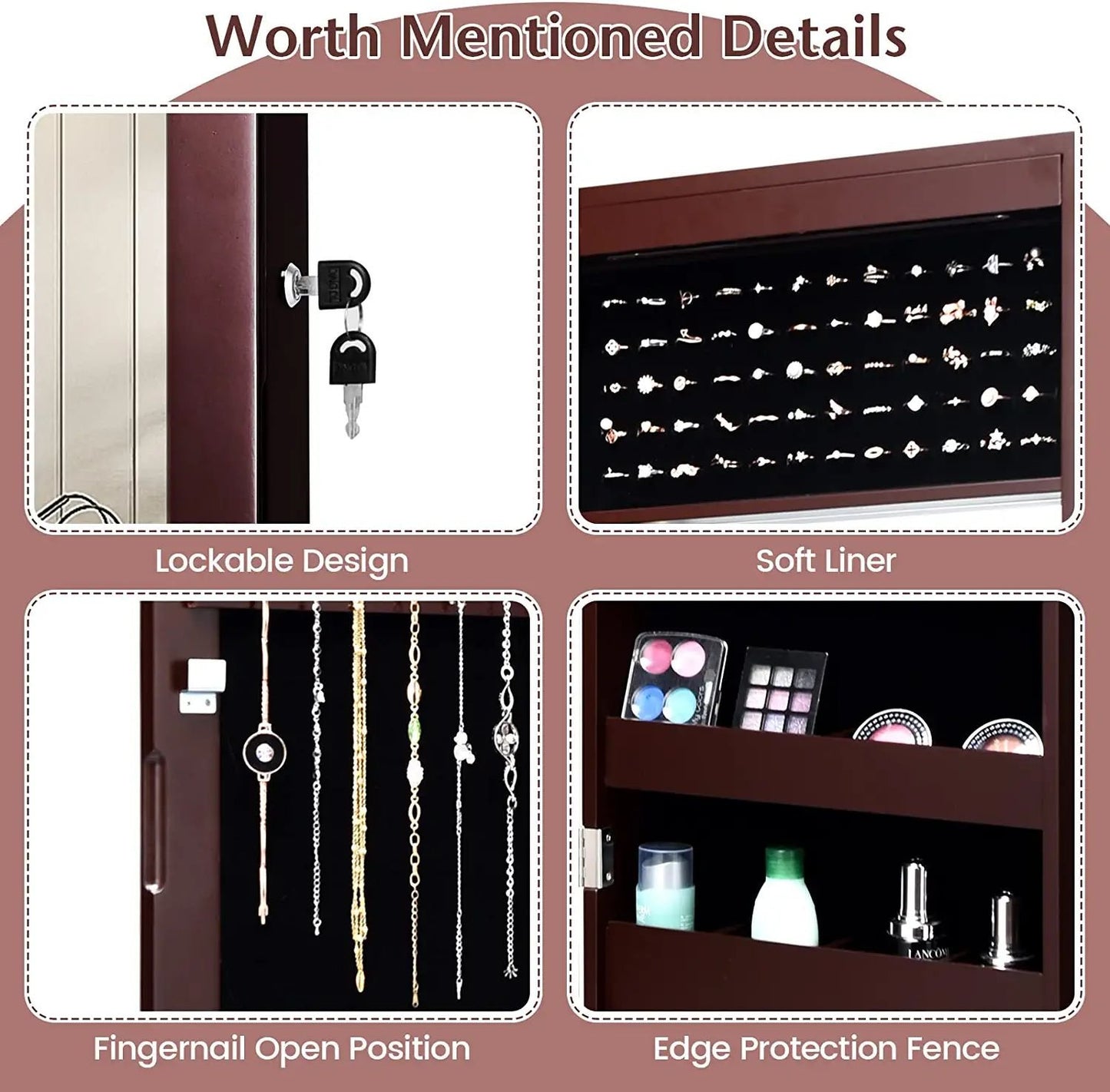 Lockable Wall Door Mounted Mirror Jewelry Cabinet with LED Lights, Brown Jewelry Armoires   at Gallery Canada