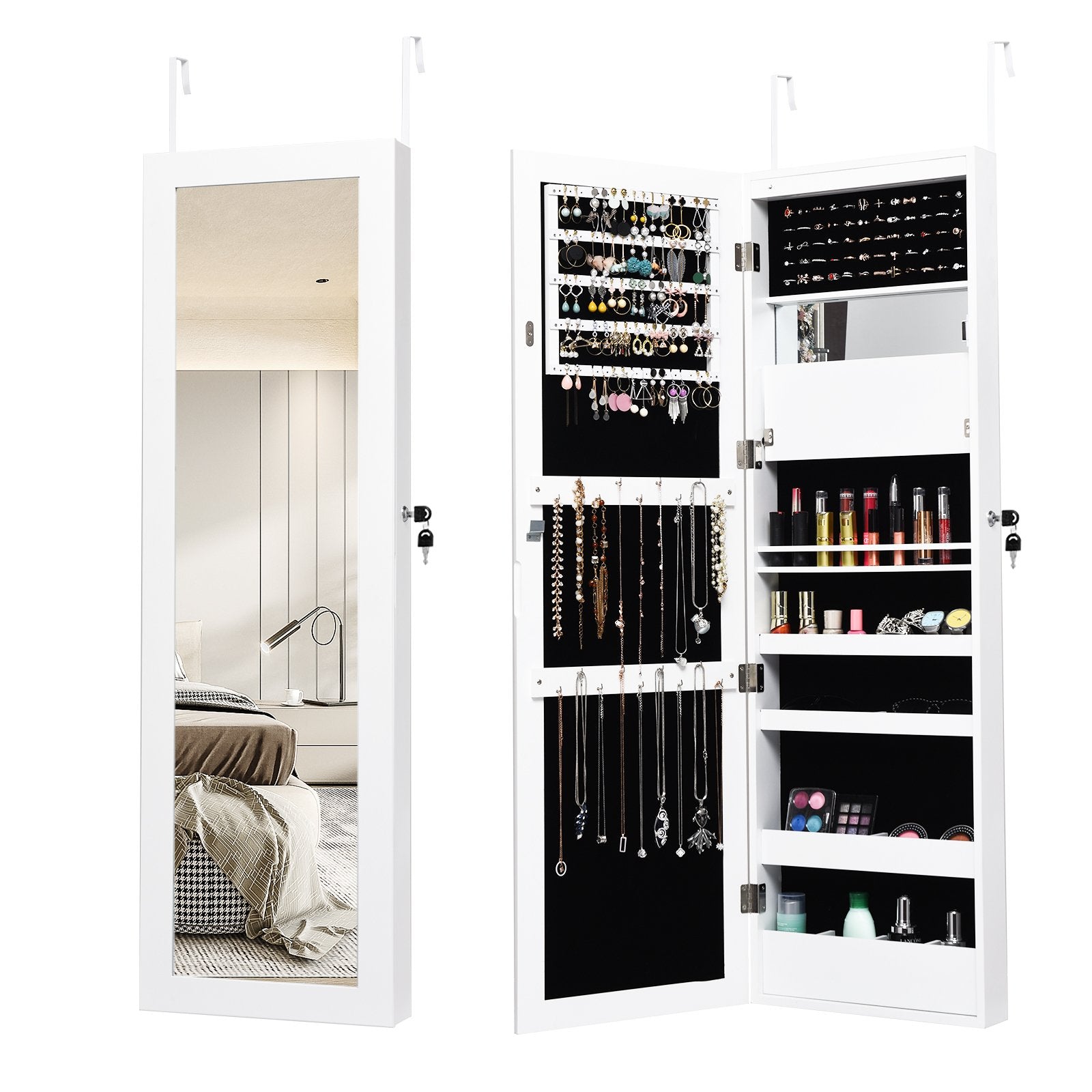 Lockable Wall Door Mounted Mirror Jewelry Cabinet with LED Lights, White Jewelry Armoires   at Gallery Canada