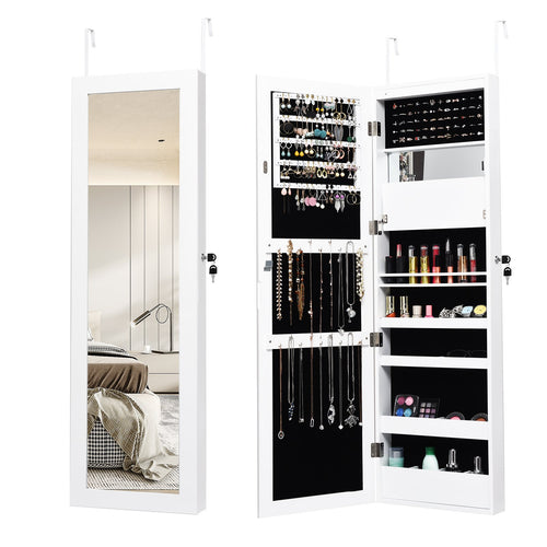 Lockable Wall Door Mounted Mirror Jewelry Cabinet with LED Lights, White